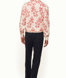 Lakewood Easy Fit Classic Collar Long-Sleeve Bamboo Print Linen Overhead Shirt | White Sand/Summer Red