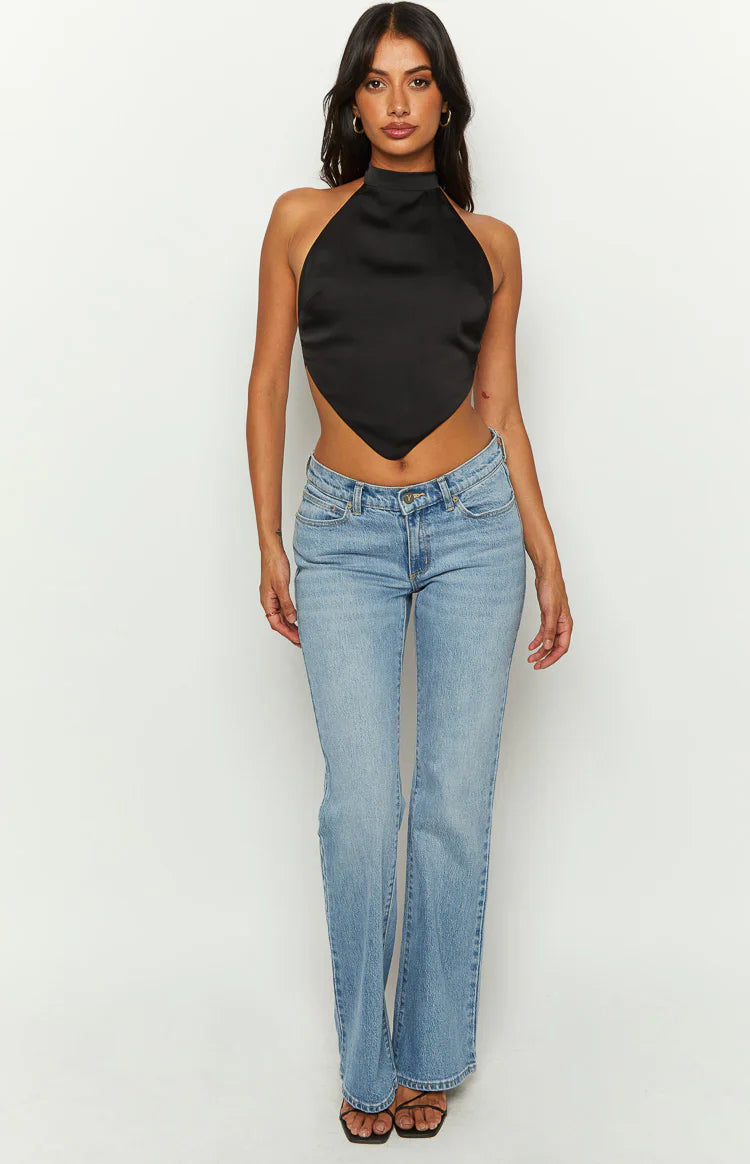 Laylee High Neck Satin Top | Black