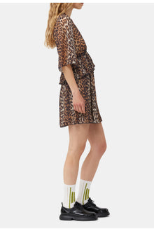 Leopard Pleated Georgette V neck Flounce Mini Dress | Almond Milk