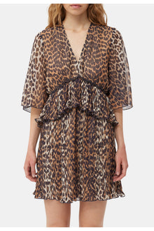 Leopard Pleated Georgette V neck Flounce Mini Dress | Almond Milk