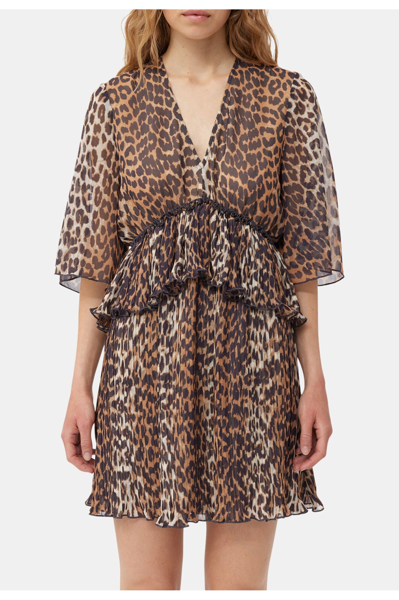 Leopard Pleated Georgette V neck Flounce Mini Dress | Almond Milk