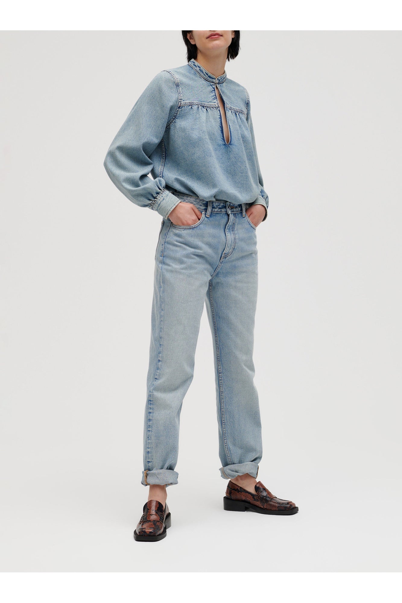 Light Denim Gathered Loose Blouse | Tint Wash