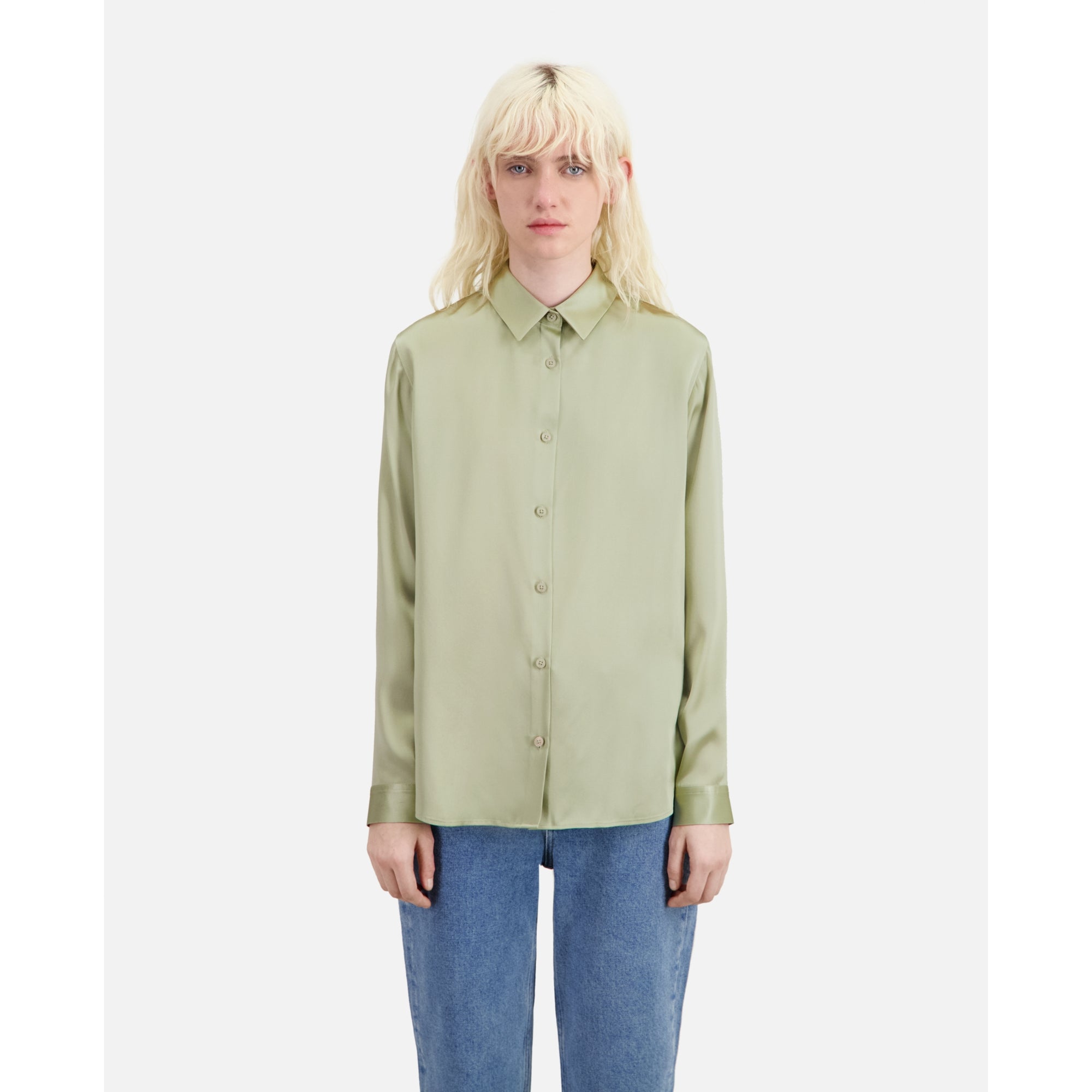 Light Green Satin Silk Shirt | Women | Khaki Grey