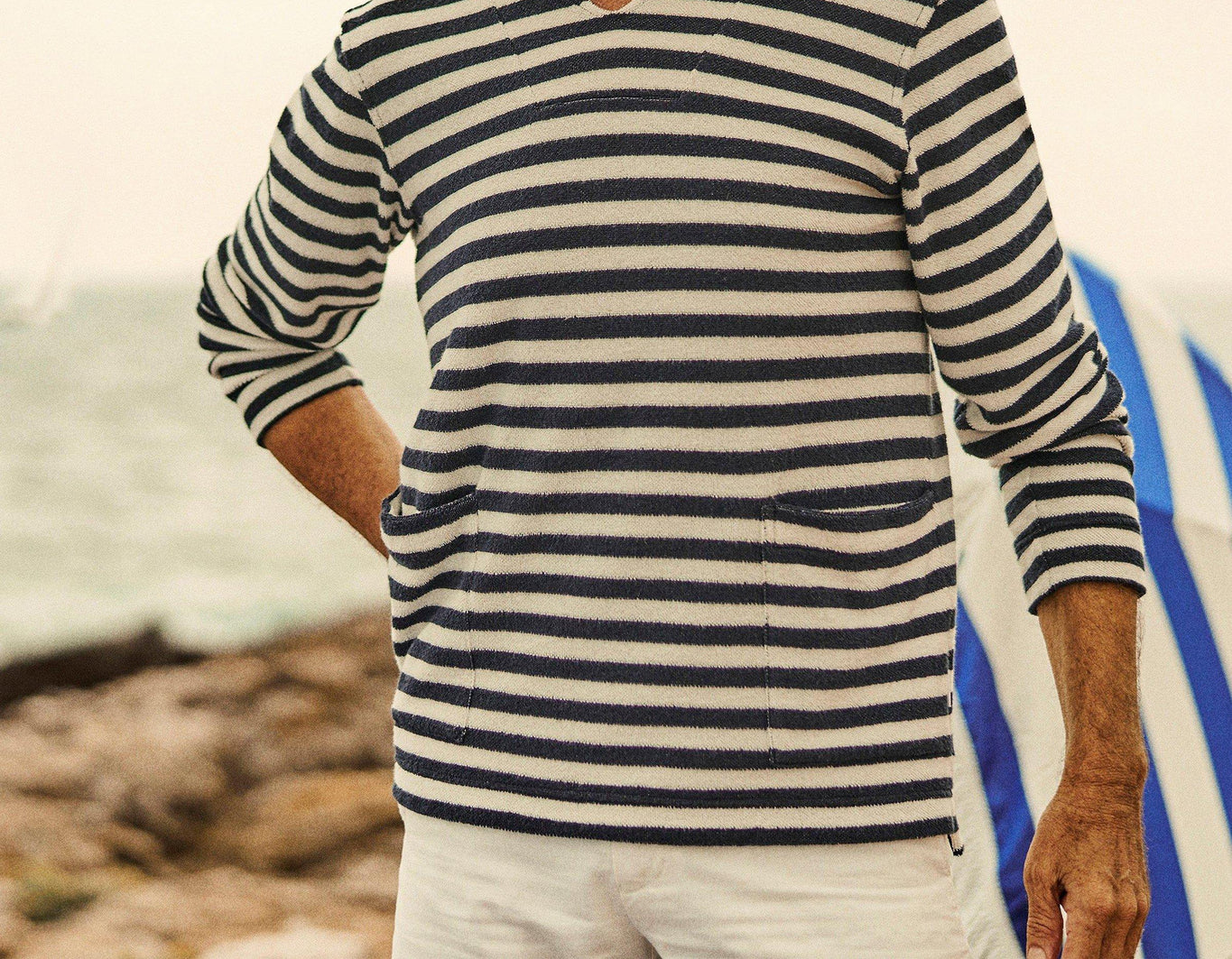 Lincoln Towelling Stripe Double-Faced Towelling Long-Sleeve Polo Shirt | Ink/White Sand