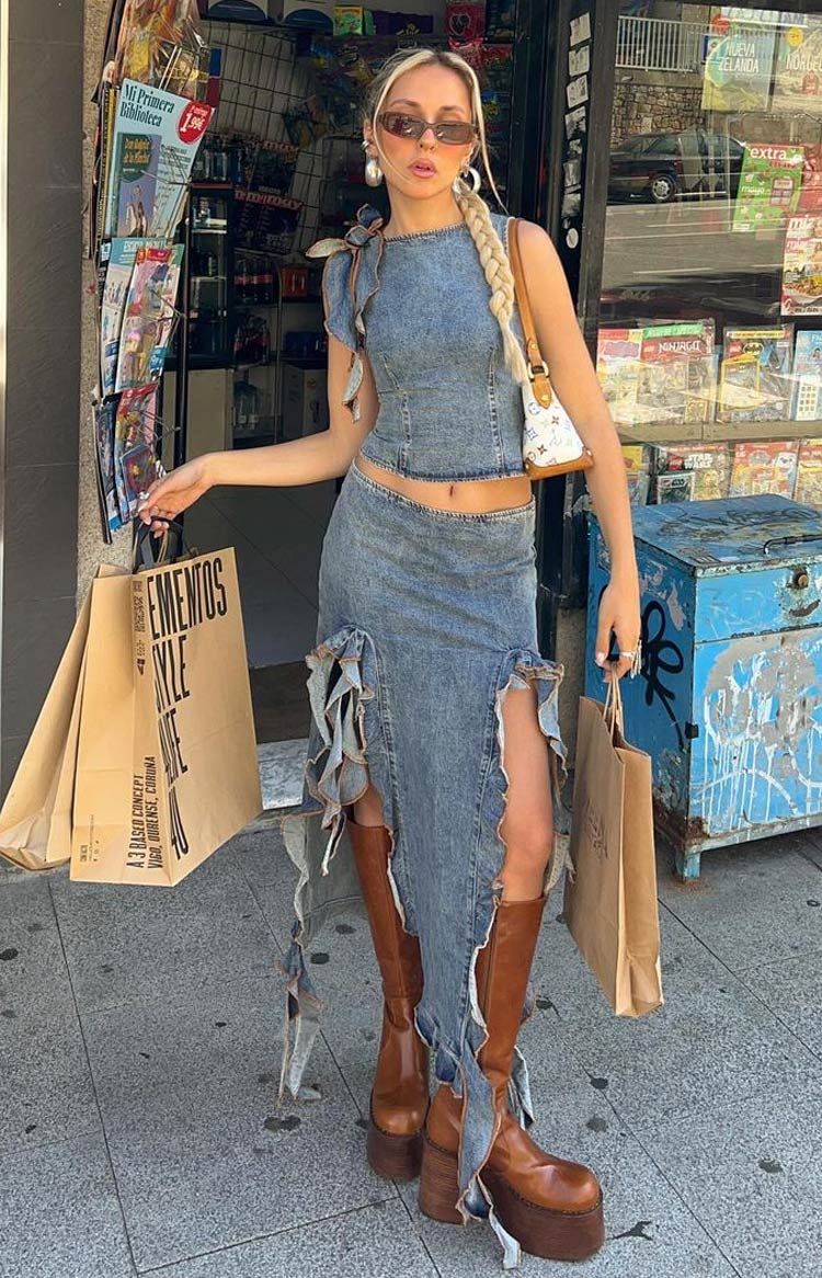 Lioness Rendezvous Maxi Skirt | Faded Denim