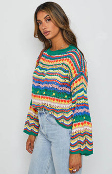 Multi-coloured open knit sweater with horizontal stripes, chevron patterns, and long bell sleeves