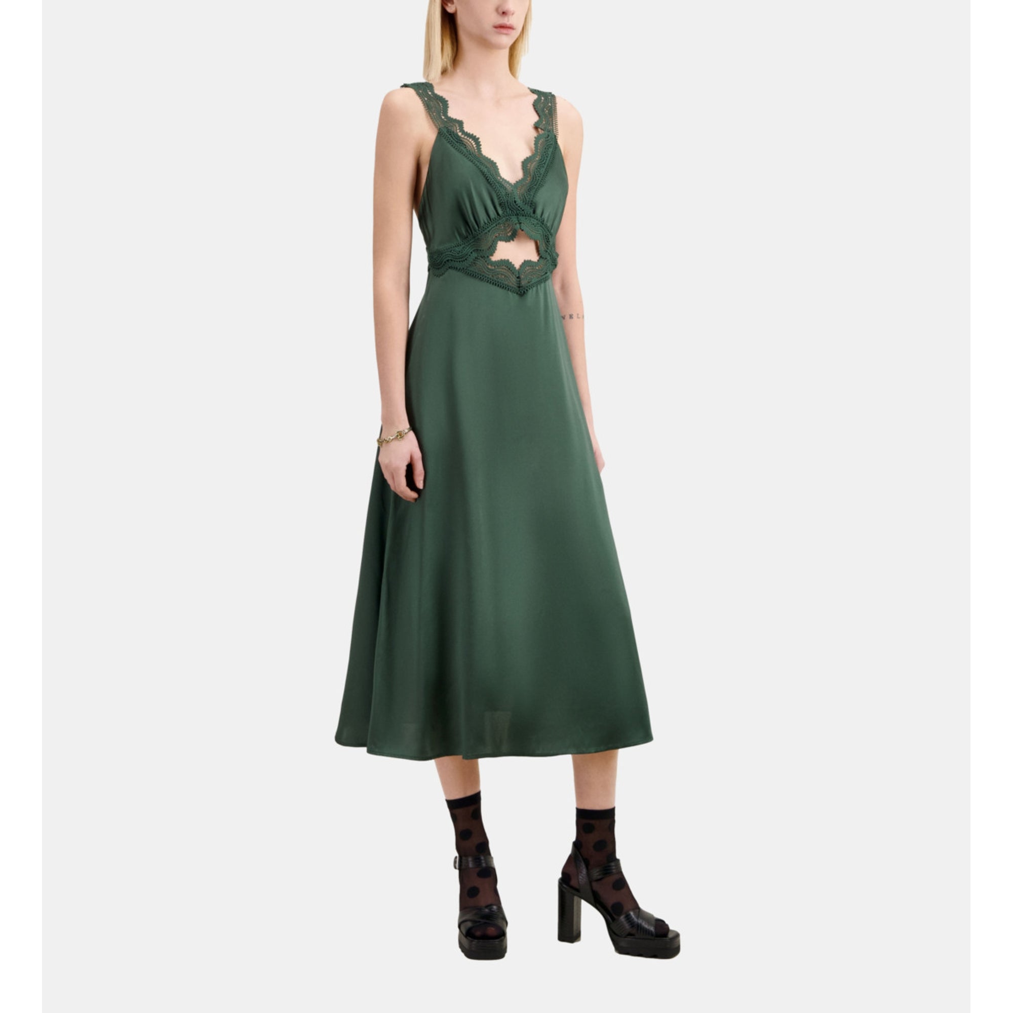 Long Green Slip Dress With Guipure | Women | Wood Khaki