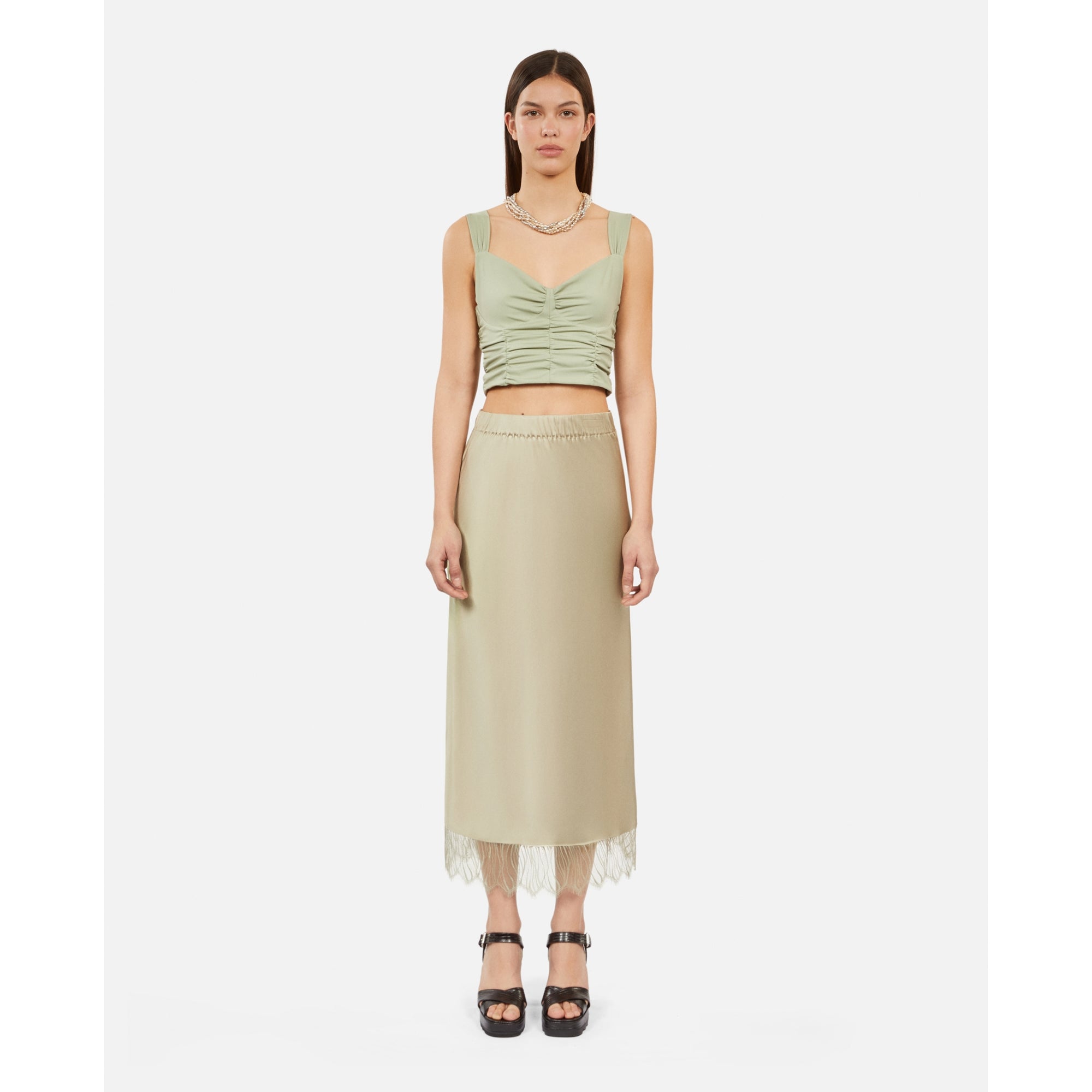 Long Light Green Skirt With Lace | Women | Khaki Grey