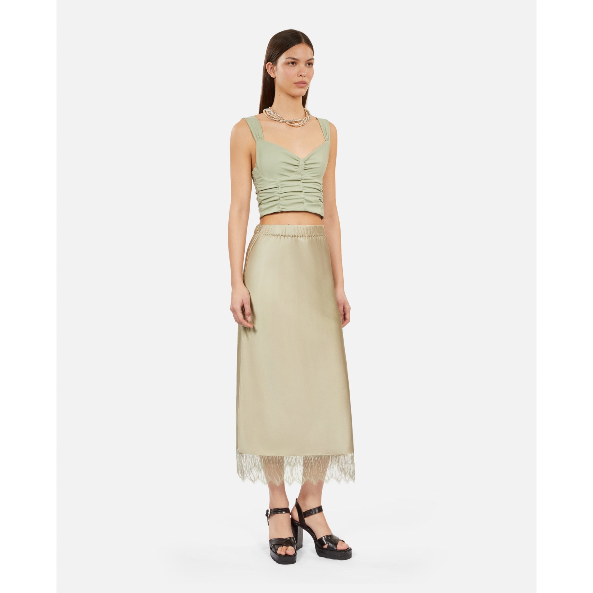 Long Light Green Skirt With Lace | Women | Khaki Grey