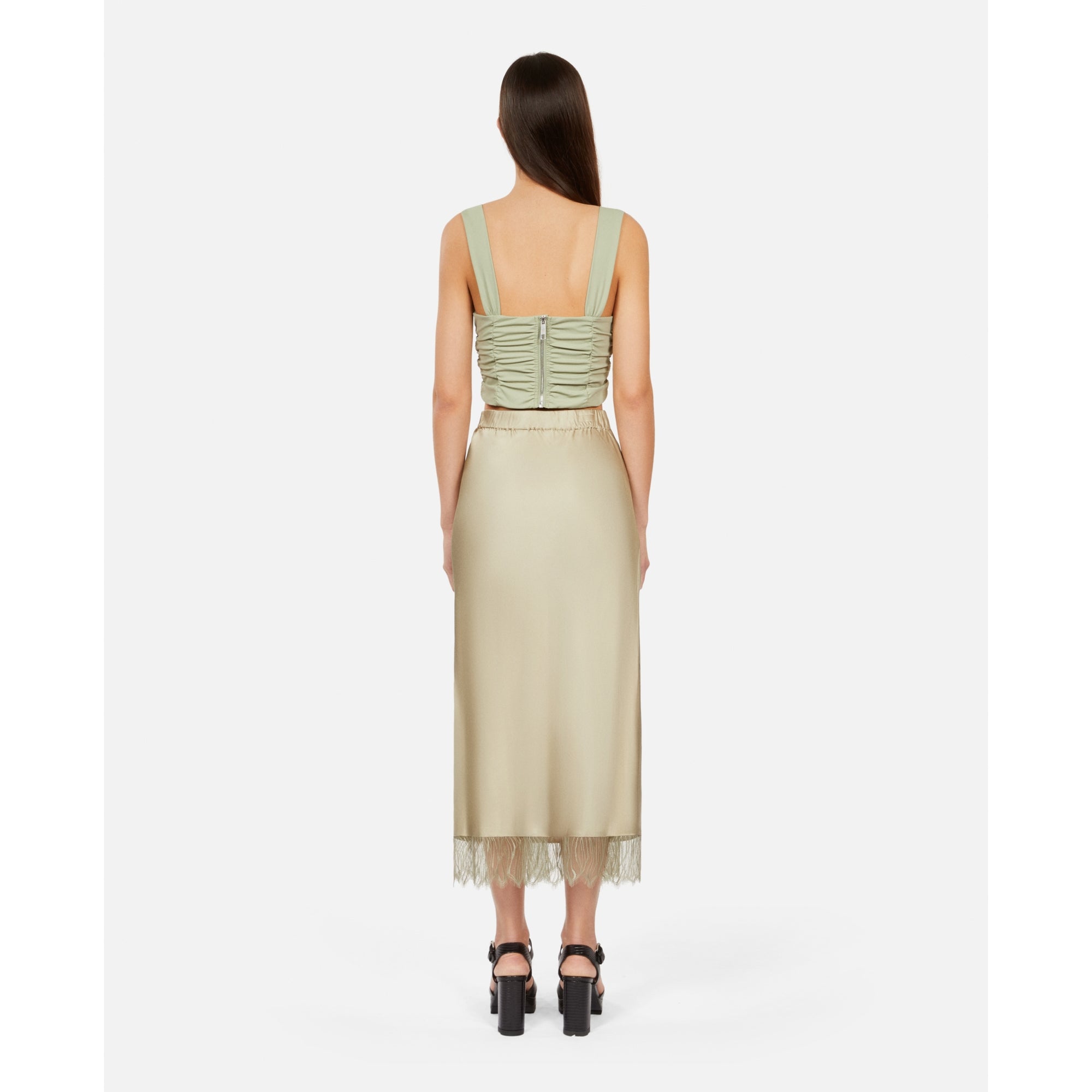 Long Light Green Skirt With Lace | Women | Khaki Grey