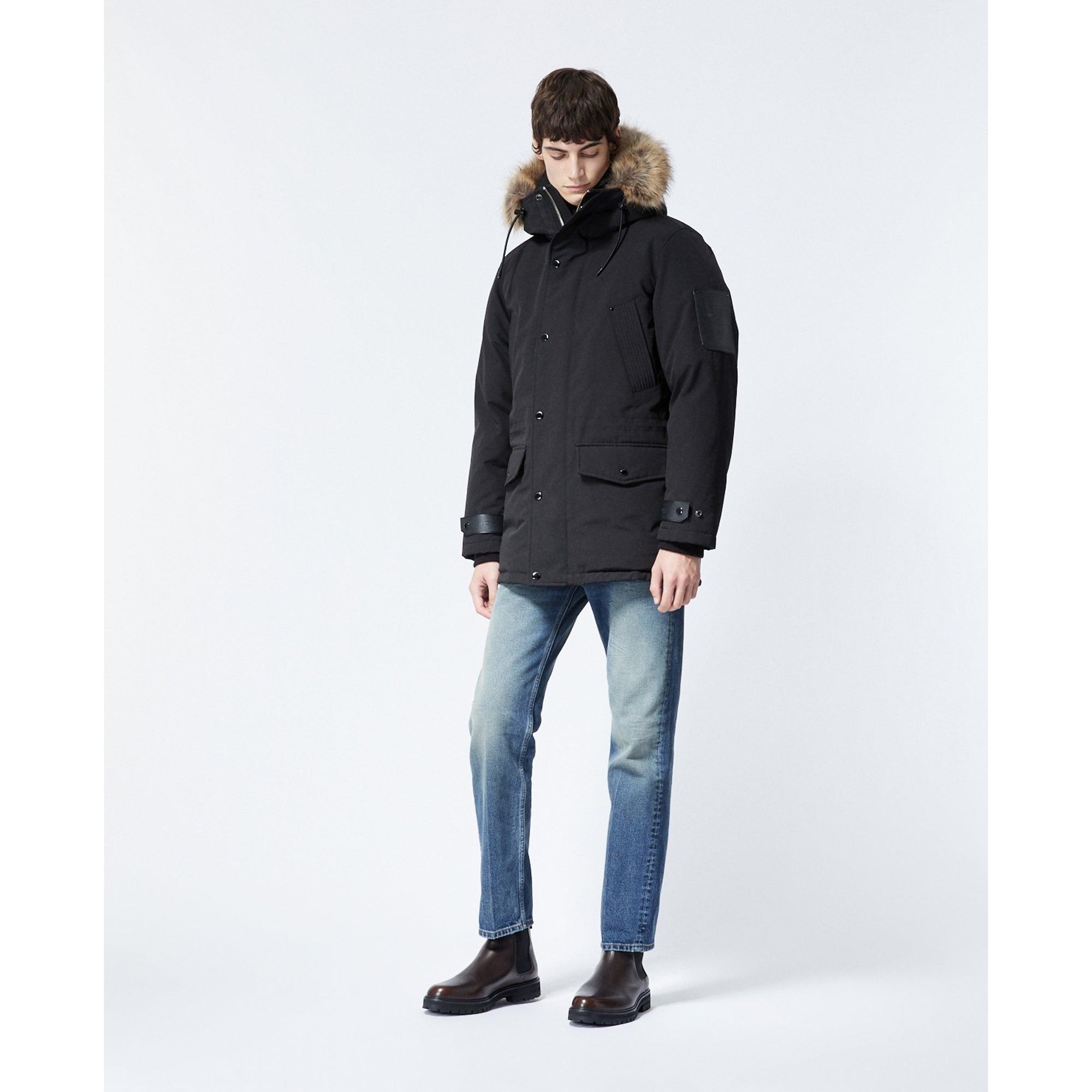 Long Parka With Leather Detail | Men | Black