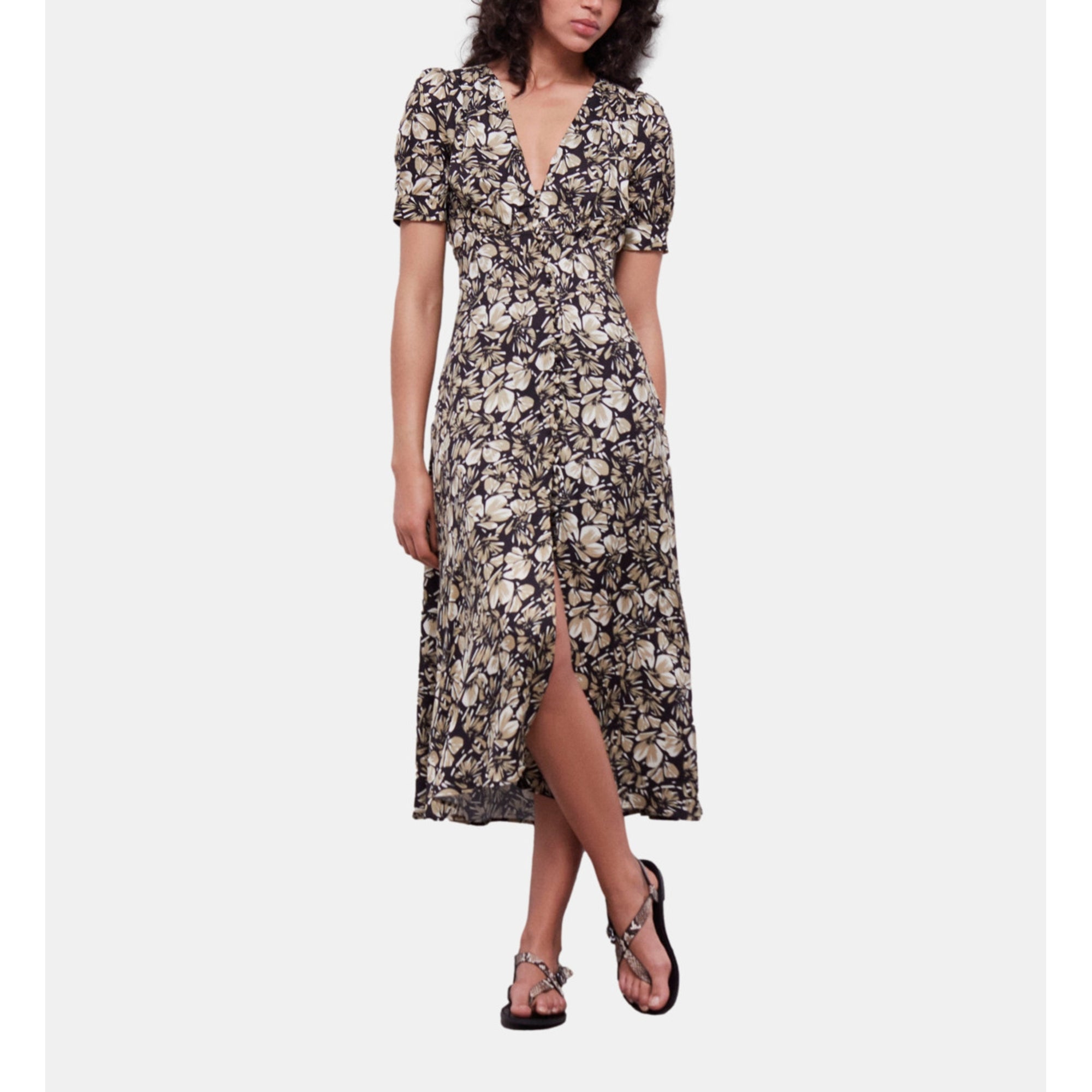 Long Printed Dress With Buttons | Women | Black Brown