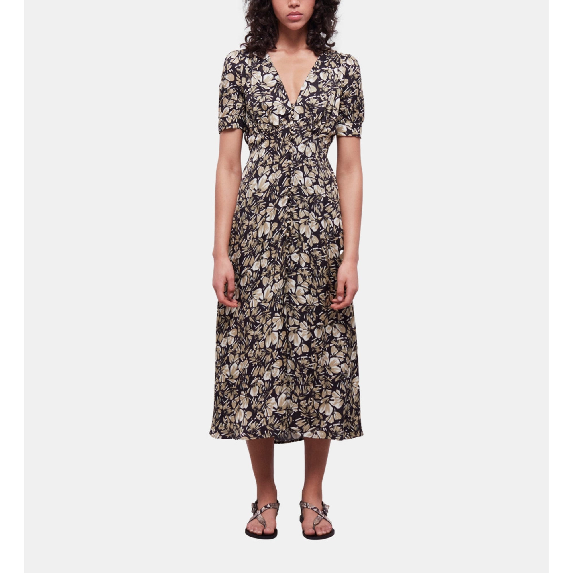 Long Printed Dress With Buttons | Women | Black Brown