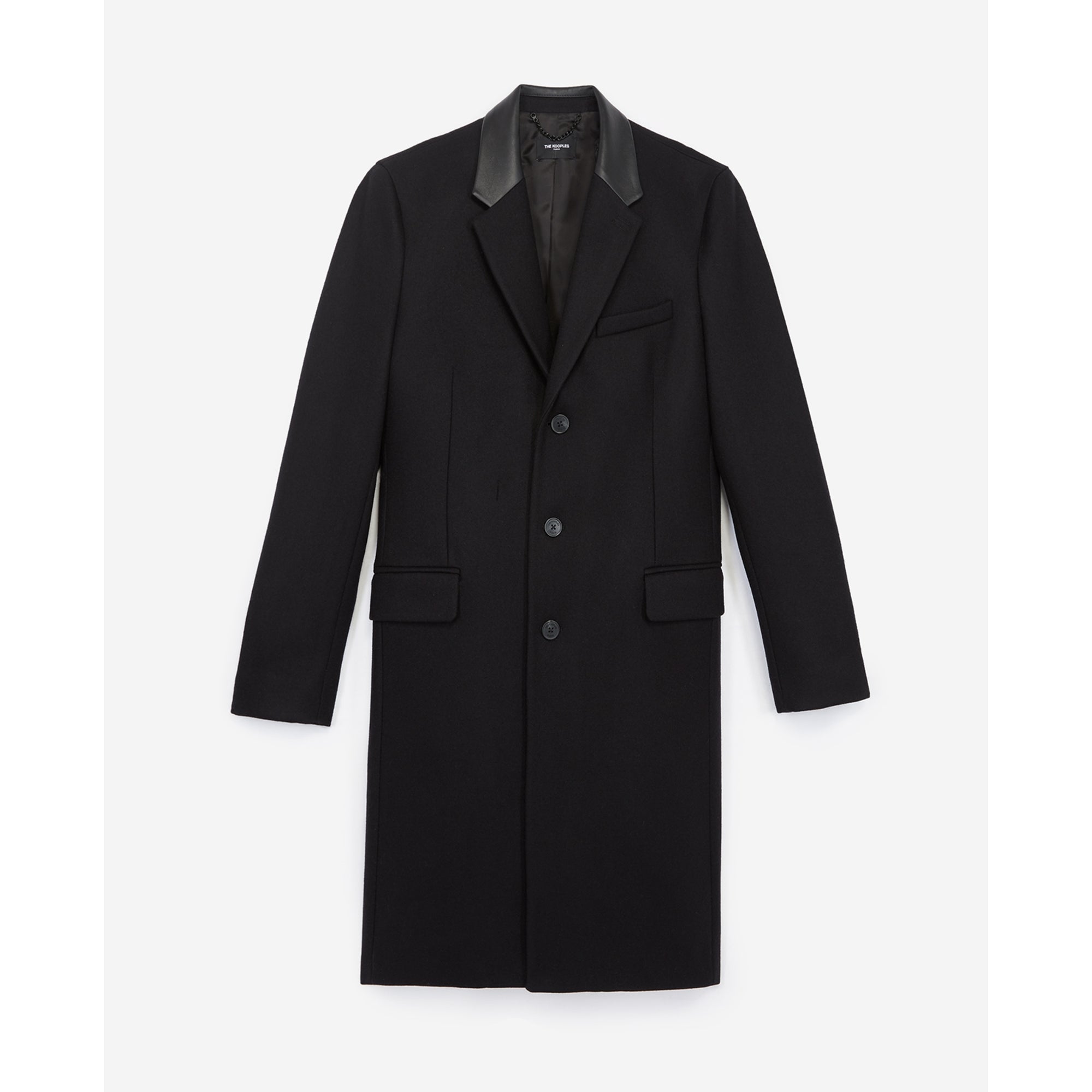 Long Wool Coat W/Leather Lapel Collar | Men | Black