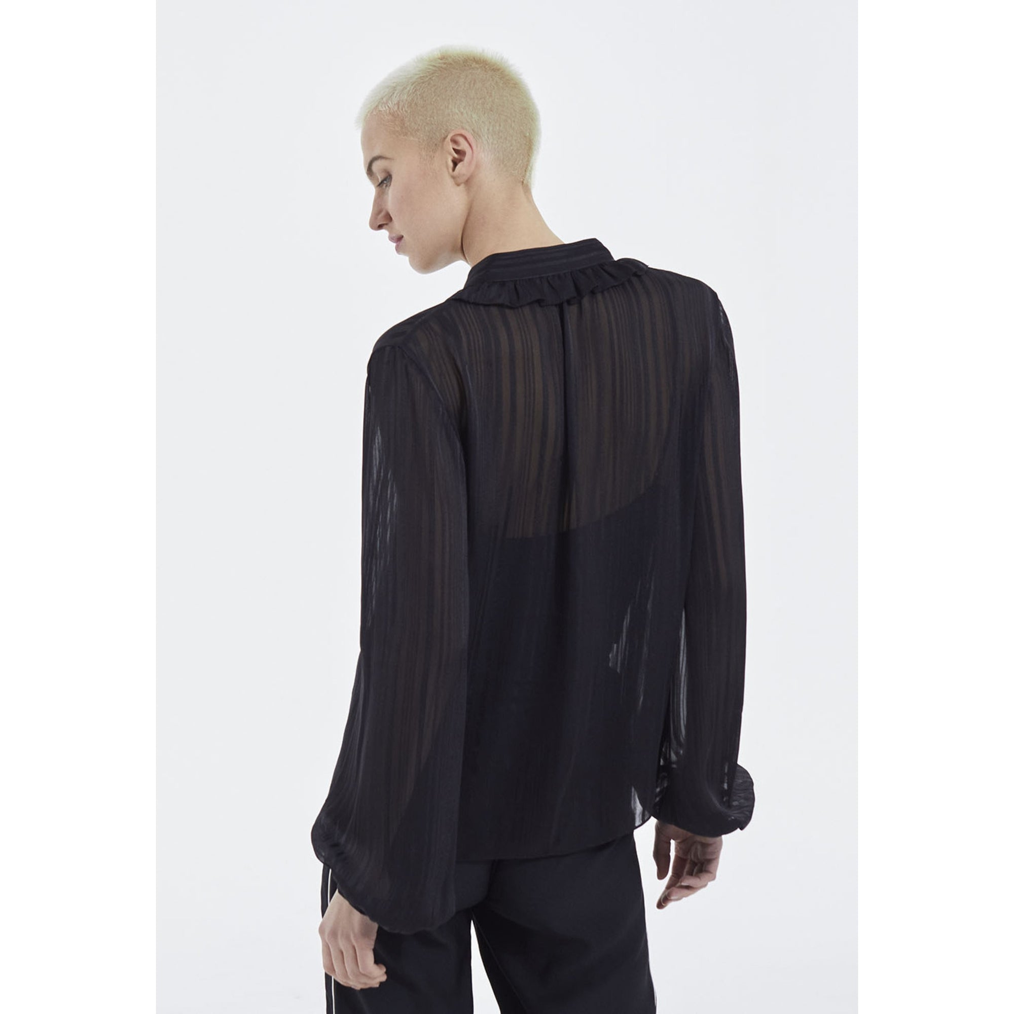 Loose-Fitting Knotted Collar Striped Top | Women | Black