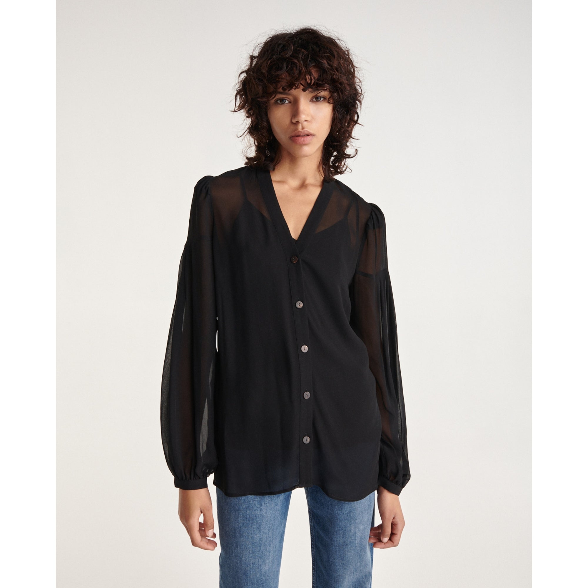 Loose V-Neck Buttoned Shirt | Women | Black