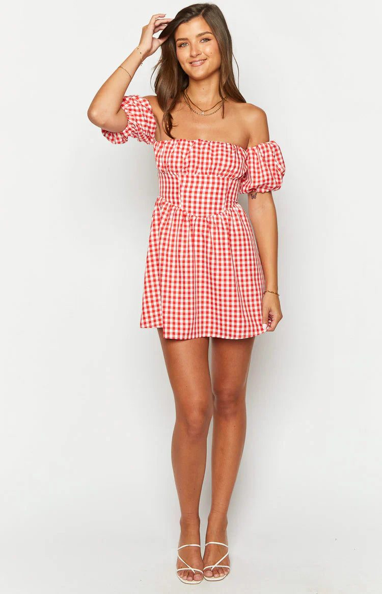Love Lost Off The Shoulder Mini Dress | Red Gingham