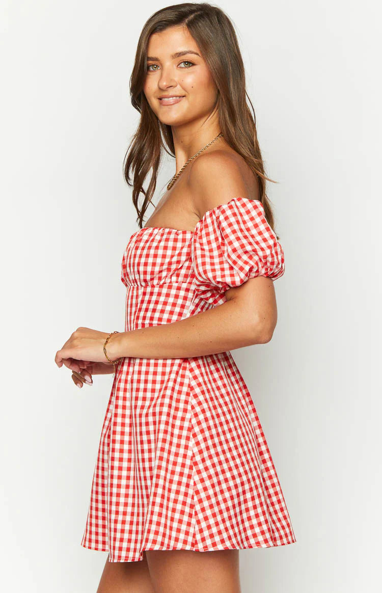 Love Lost Off The Shoulder Mini Dress | Red Gingham