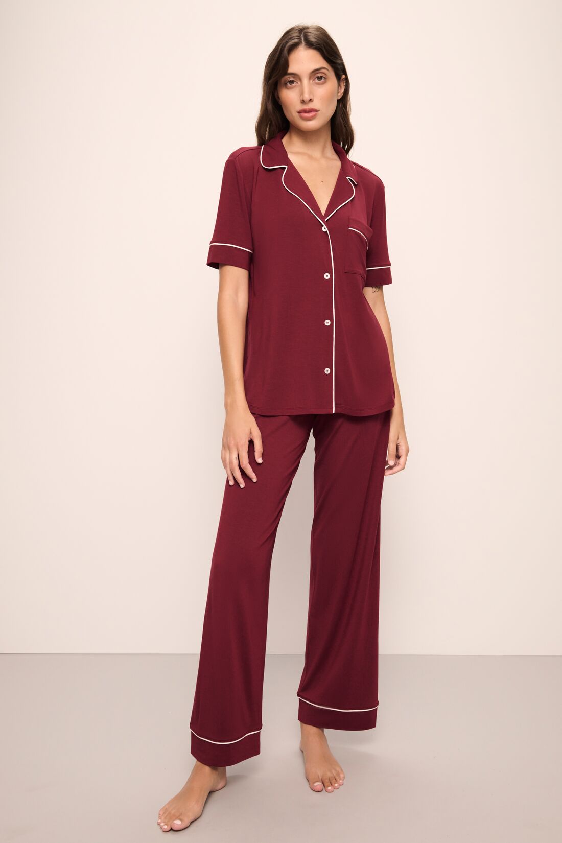 Model wears Gisele TENCEL Modal Short Sleeve & Pant PJ Set in Cabernet/Ivory.