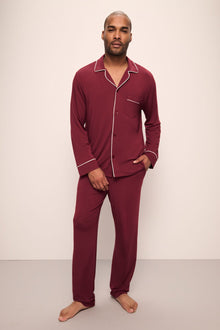 Model wears William TENCEL Modal Long PJ Set in Cabernet/Ivory.