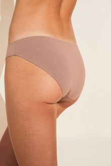 Model wears Pima Stretch Cotton Bikini in Mocha.
