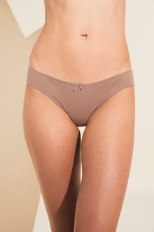 Model wears Pima Stretch Cotton Bikini in Mocha.