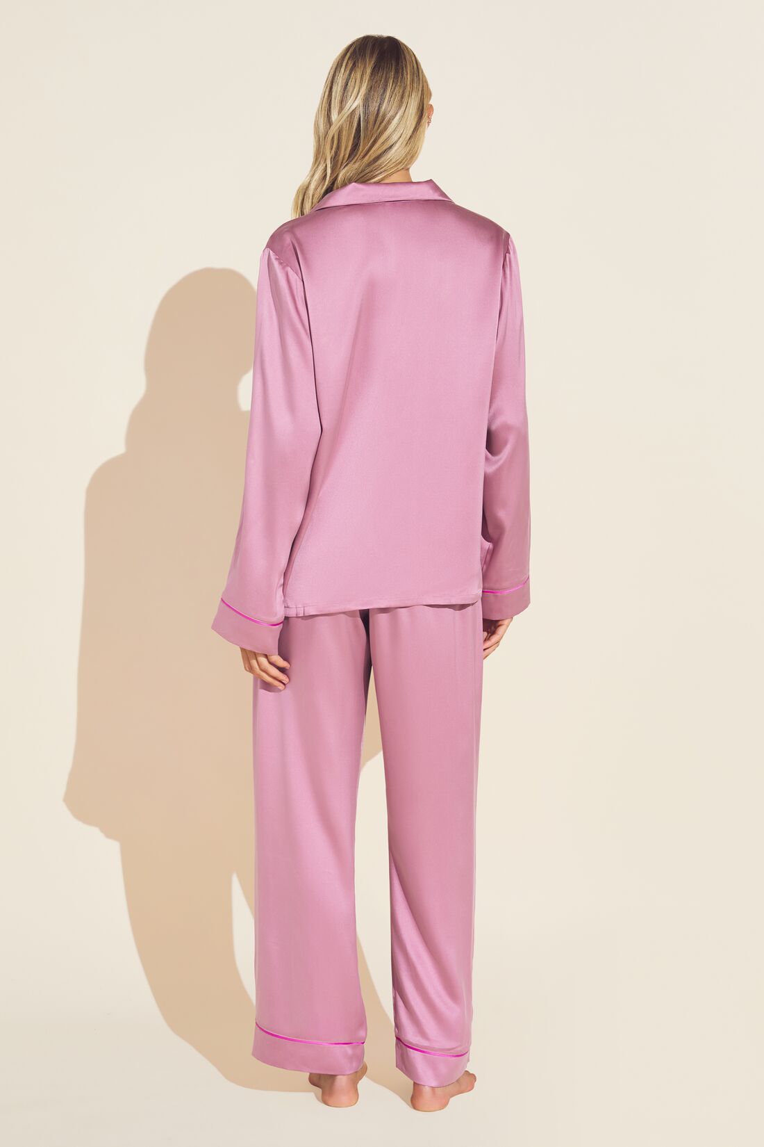 Model wears Inez Washable Silk Long PJ Set in Foxglove/Italian Rose.