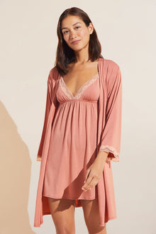 Model wears Flora TENCEL Modal 3/4 Sleeve Robe in Pink Rouge/Rose.