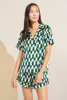 Model wears Inez Washable Silk Printed Short PJ Set in Mosaic Tile Forest Green/Navy.