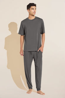 Model wears Henry TENCELâ„¢ Modal Short Sleeve & Pant PJ Set in Storm Gray.