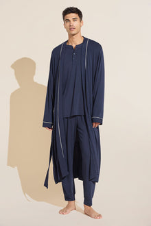 Model wears William TENCEL Modal Robe in True Navy/Ivory.