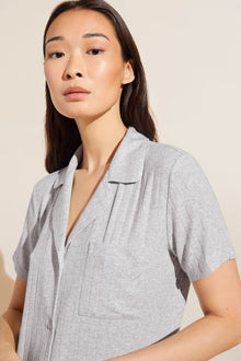 Model wears Gisele TENCEL Modal Rib Relaxed Short PJ Set in light heather grey.