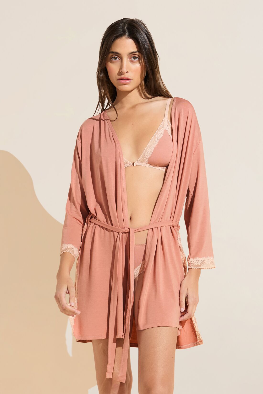 Model wears Flora TENCEL Modal 3/4 Sleeve Robe in Pink Rouge/Rose.