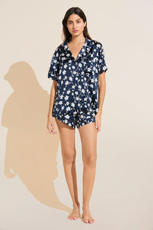 Model wears Inez Washable Silk Printed Short PJ Set in Modern Floral Navy/Navy.