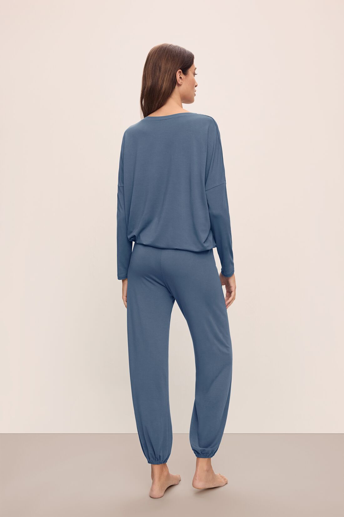 Model wears Gisele TENCEL Modal Slouchy PJ Set in Coastal Blue/Ice Blue.