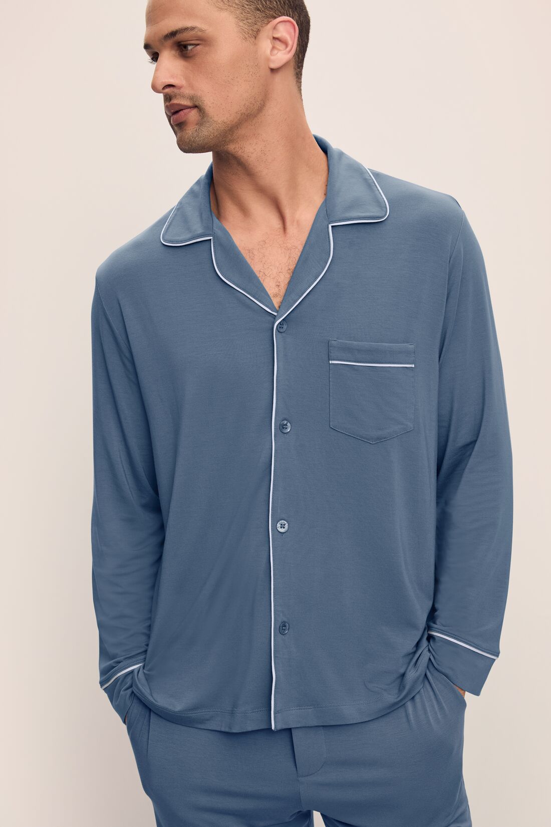 Model wears William TENCEL Modal Long PJ Set in Coastal Blue/Ice Blue.