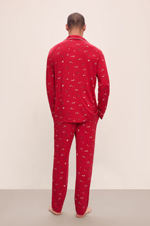Model wears William Printed TENCEL Modal Long PJ Set in Winter Wonderland Haute Red/Ivoryory.