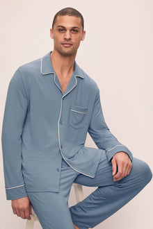 Model is wearing William TENCEL Modal Long PJ Set in Faded Denim/Ivory