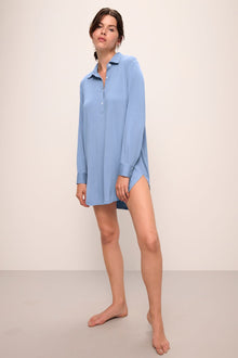 Model wears Gisele TENCEL Modal Boyfriend Sleepshirt in wedgewood blue.
