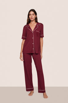 Model is wearing Gisele TENCEL Modal Short Sleeve & Pant PJ Set  in Bordeaux/Ivory