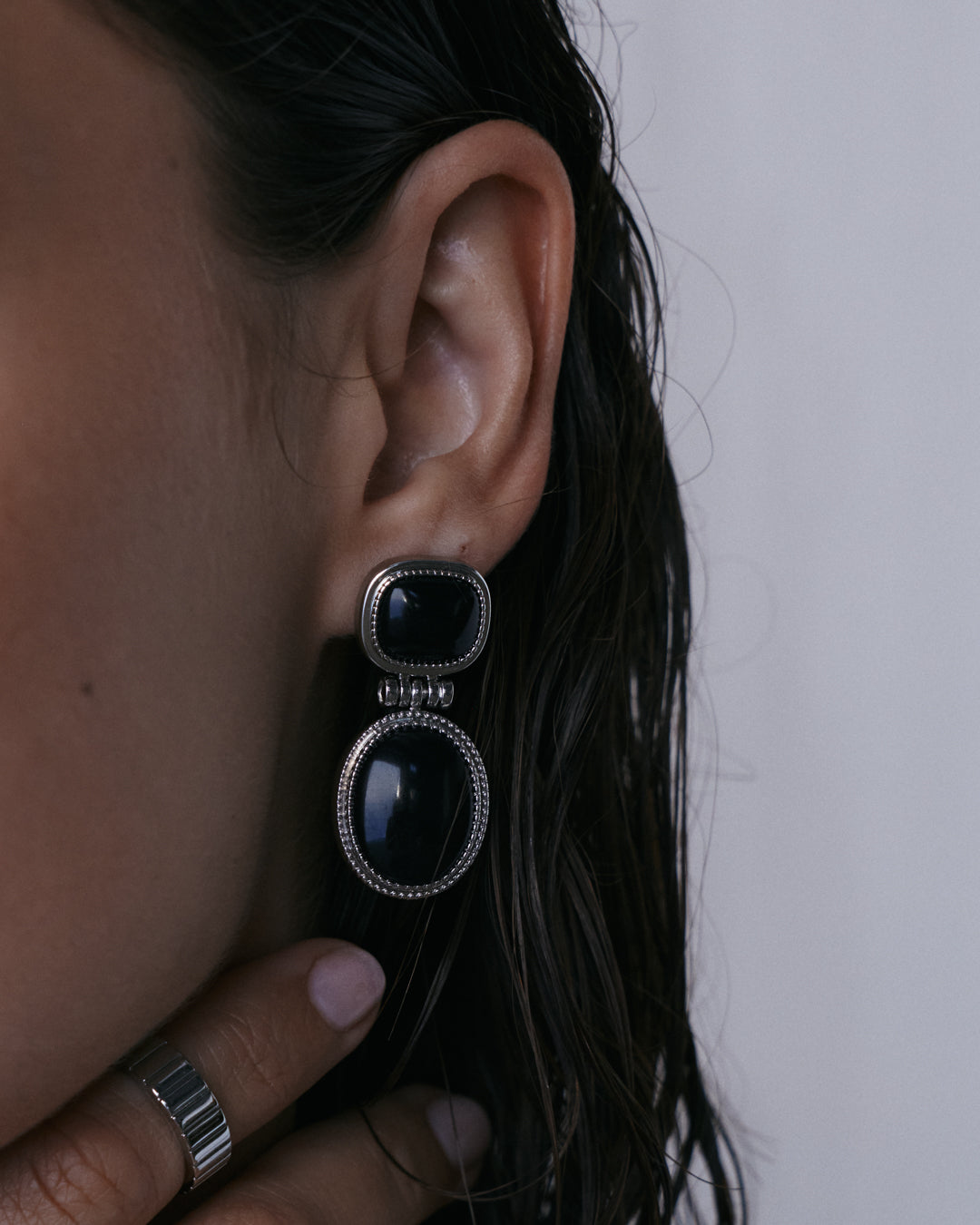 The Midnight Mesa Drop Studs | Black Agate | Silver