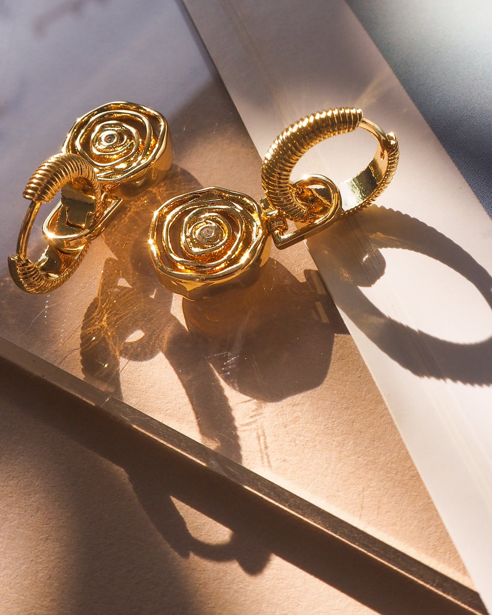 Rosette Coil Charm Hoops | Cubic Zirconia | Gold