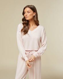 Ribbed V-neck Pull Over Top | Peach Blush