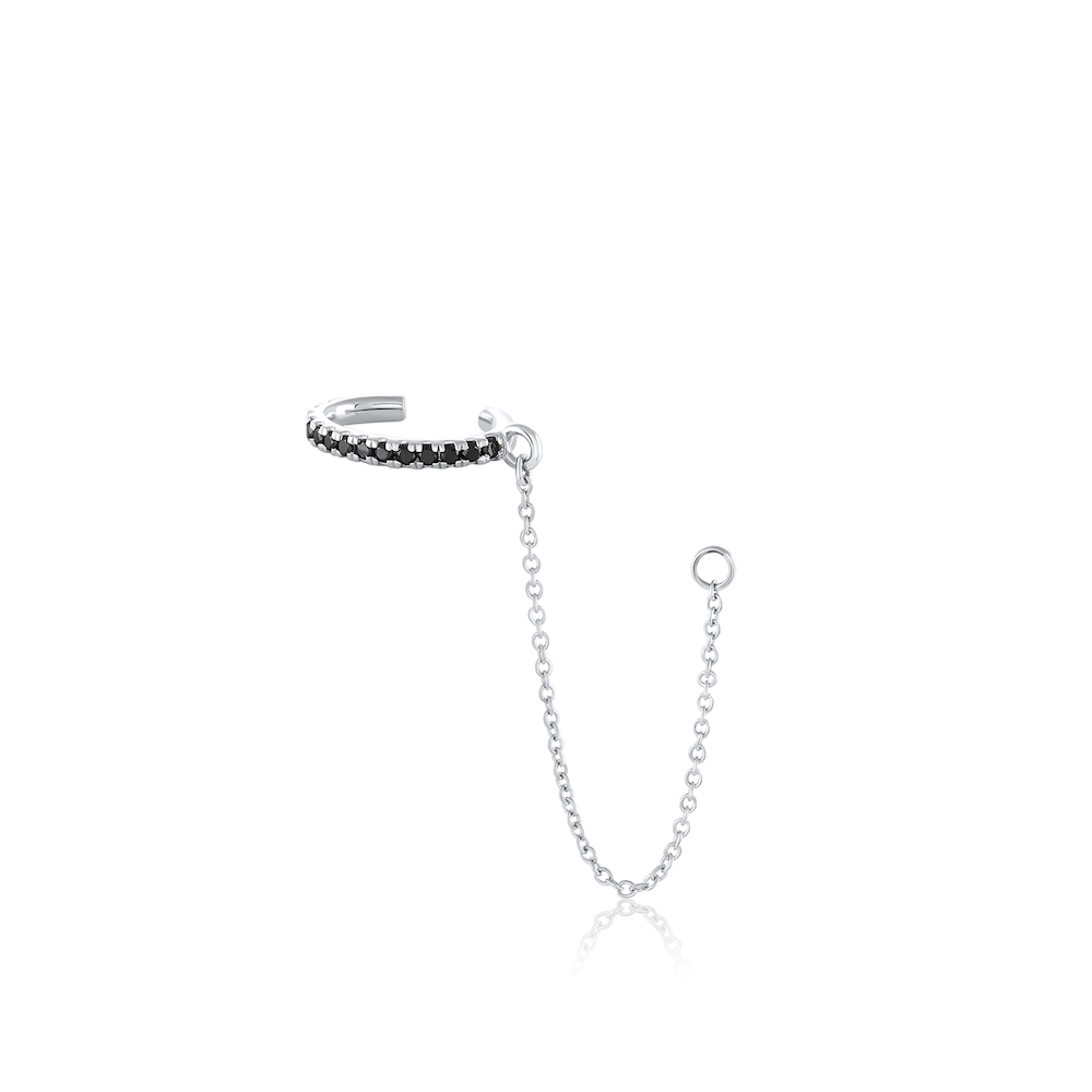 Women | Black Diamond Pavé Ear Cuff & Chain | 14k White Gold