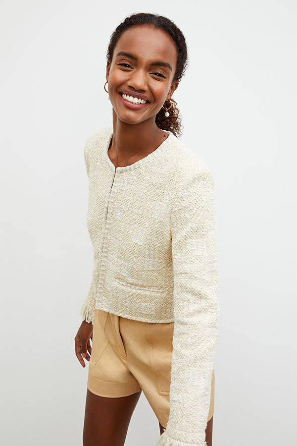 Side image of a woman wearing the Lilia Jacket - Interweave in Taupe / Ivory  | Exclude