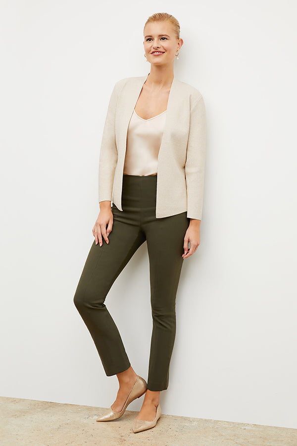 front image of woman wearing foster pant in dark olive | Exclude