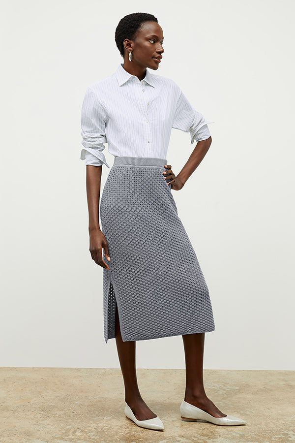 Front image of a woman wearing the Mila Button Down - Poplin Stripe in Blue / Ivory | Exclude