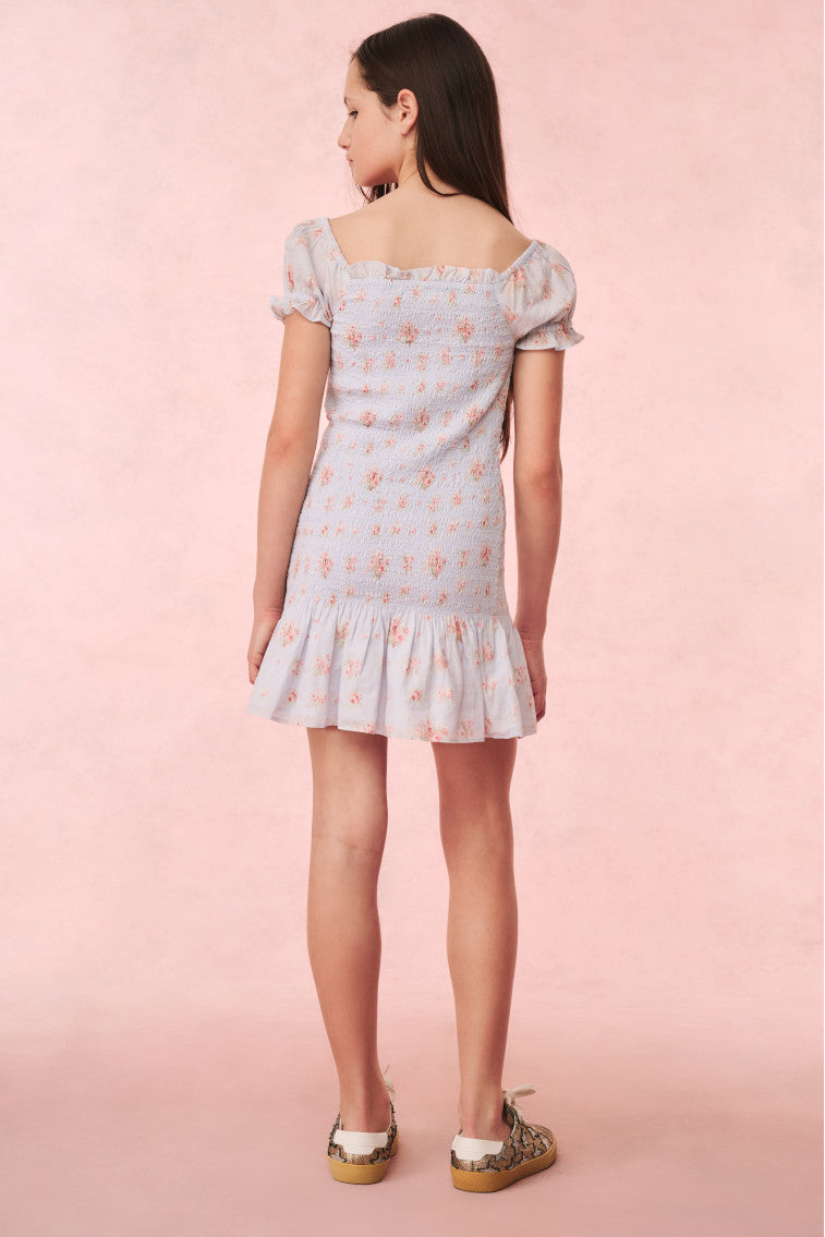 Girls Mosa Cotton Floral Dress | Skylight  Blue
