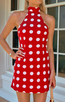 Maia Spot Halter Neck Mini Dress | Red