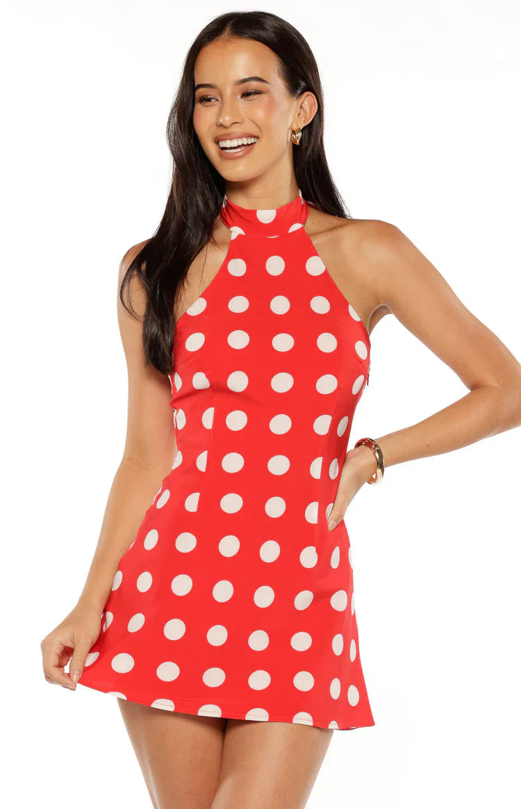Maia Spot Halter Neck Mini Dress | Red